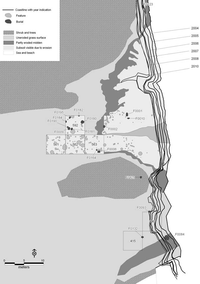 Map of Grand Bay showing burials, excavated trenches (hatched) and coastal erosion along the profile