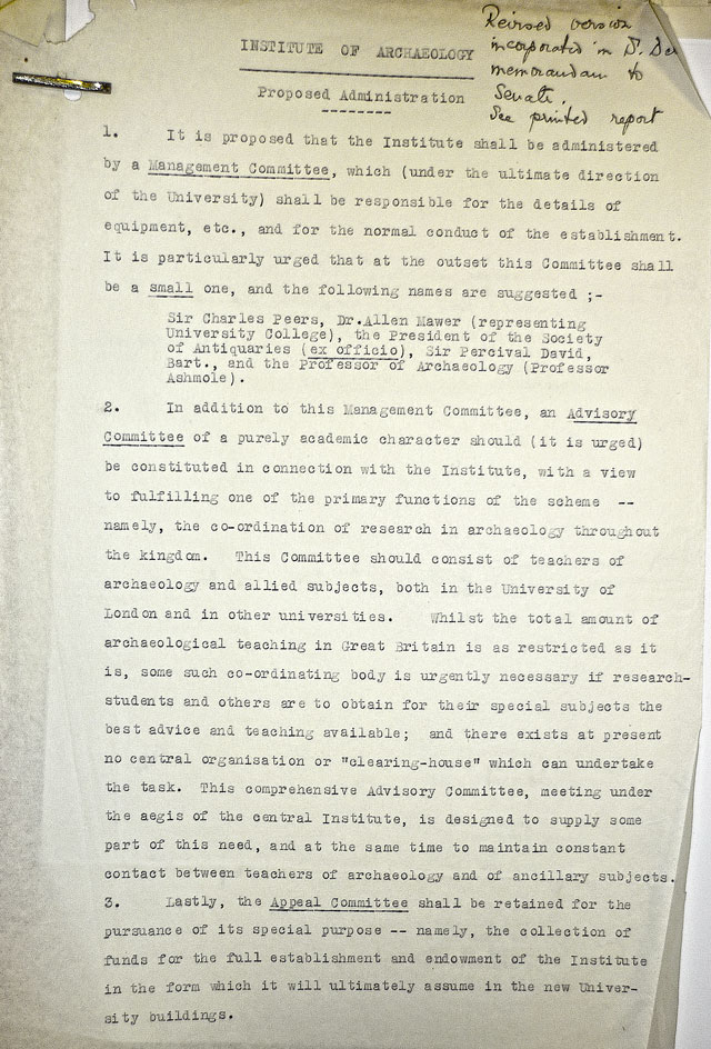 A founding document of the Institute of Archaeology from 1932, outlining its proposed administrative structure (Instutite of Archaeology Archive)