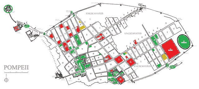 Schematic map of Pompeii indicating areas presented to the public in the Soprintendenza Archeologica di Napoli e Pompei (SANP) interpretation aids, including the audio guide, in the official guide book, the Brief Guide, and on-site interpretation panels. It does not include sites named in outside guide books or other sources. Green indicates areas accessible to the public, yellow areas are occasionally accessible, and red are areas included in the interpretation but are not accessible to the public. White represents areas that are not included in the official SANP interpretation.